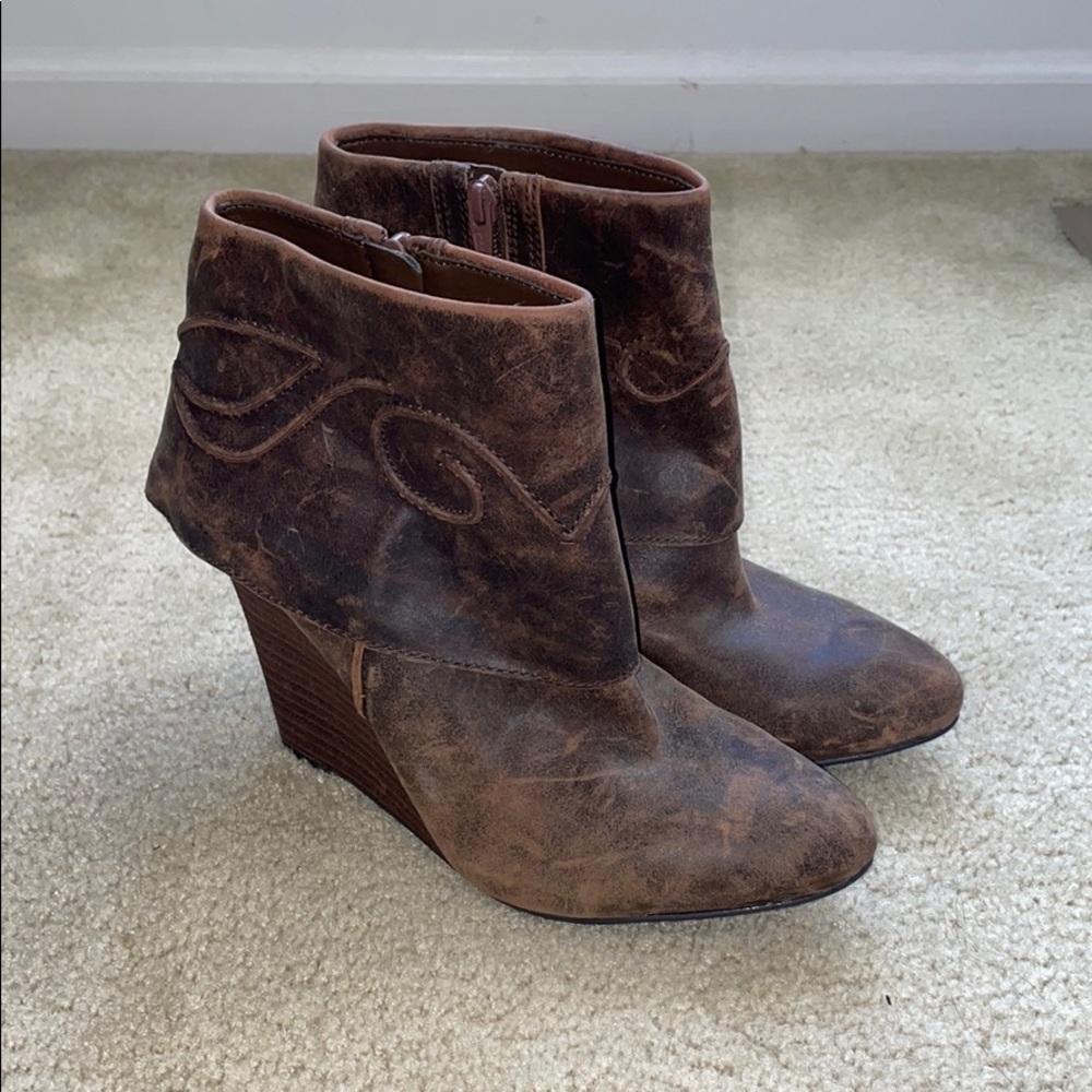 Carlos Santana Brown Distressed Leather Wedge Ankle Boots